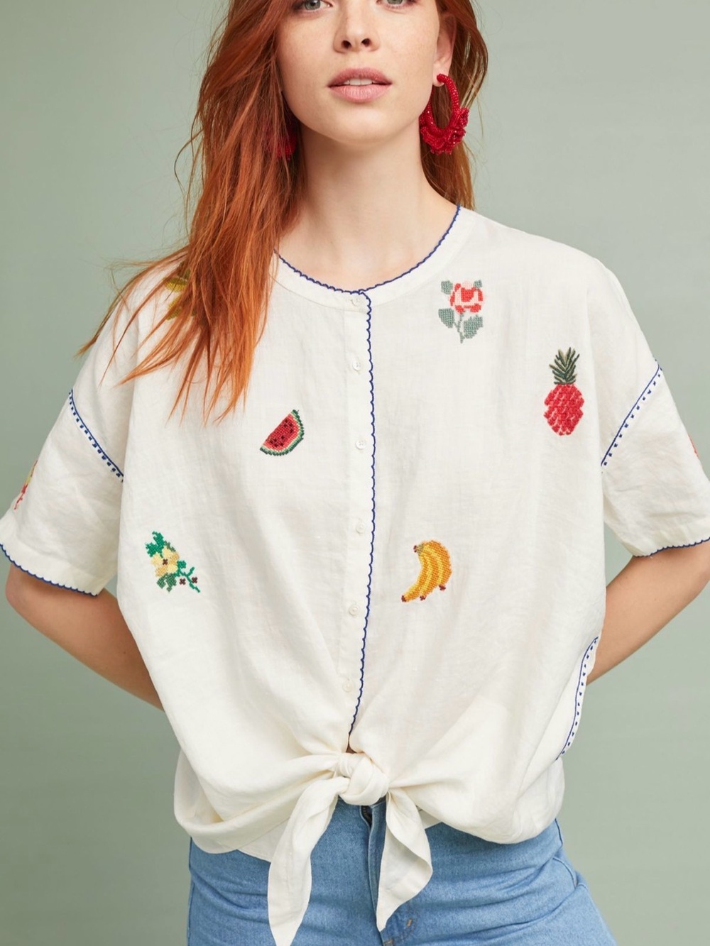 Anthropologie - Intropia Women's White Embroidered Tie-Front Blouse